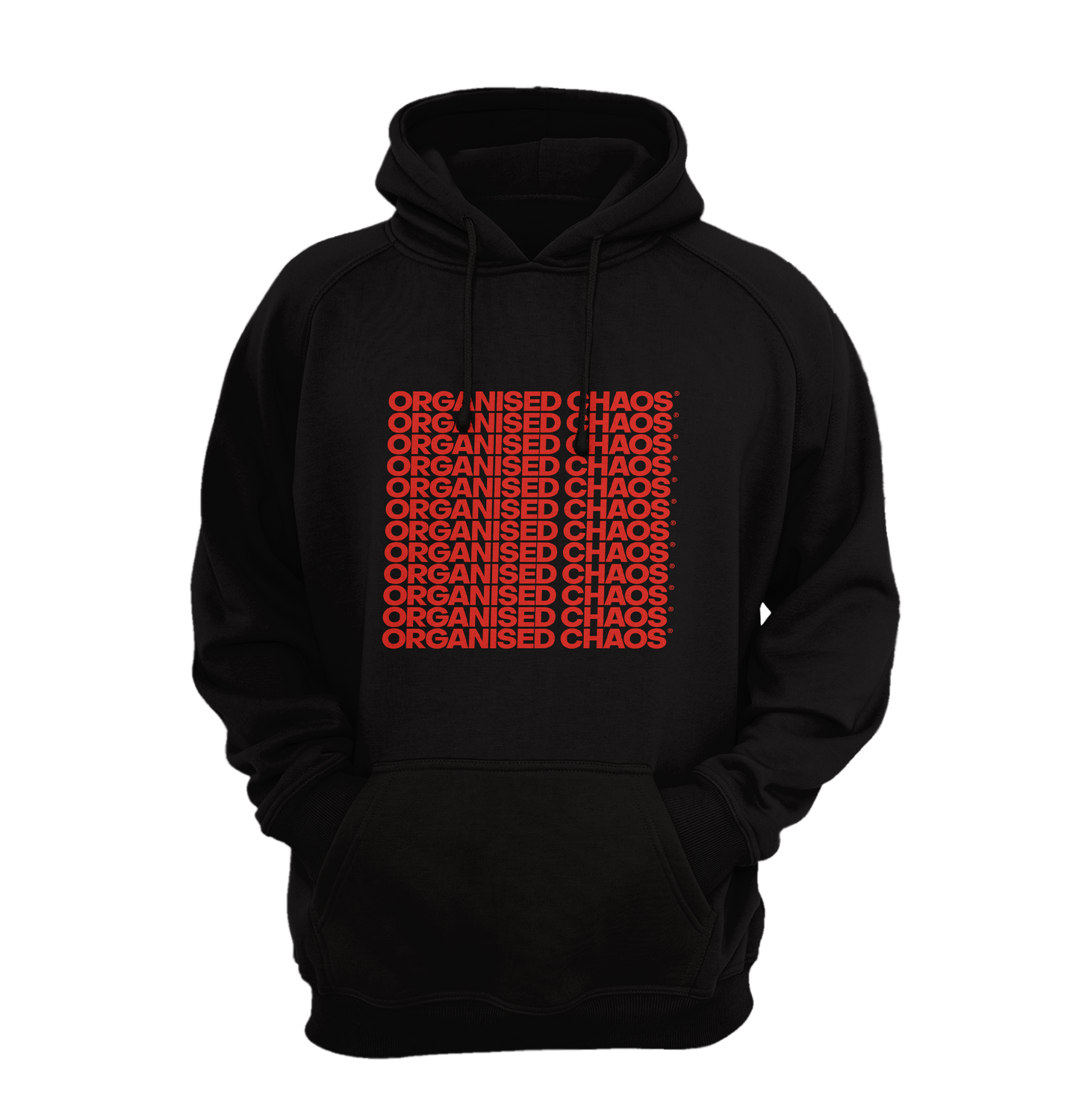 ORGANISED CHAOS Orange Text Black Hoodie Men