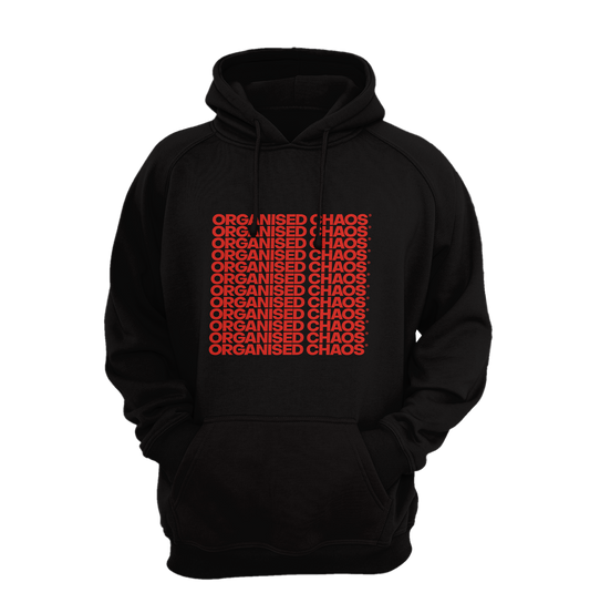 ORGANISED CHAOS Orange Text Black Hoodie Men